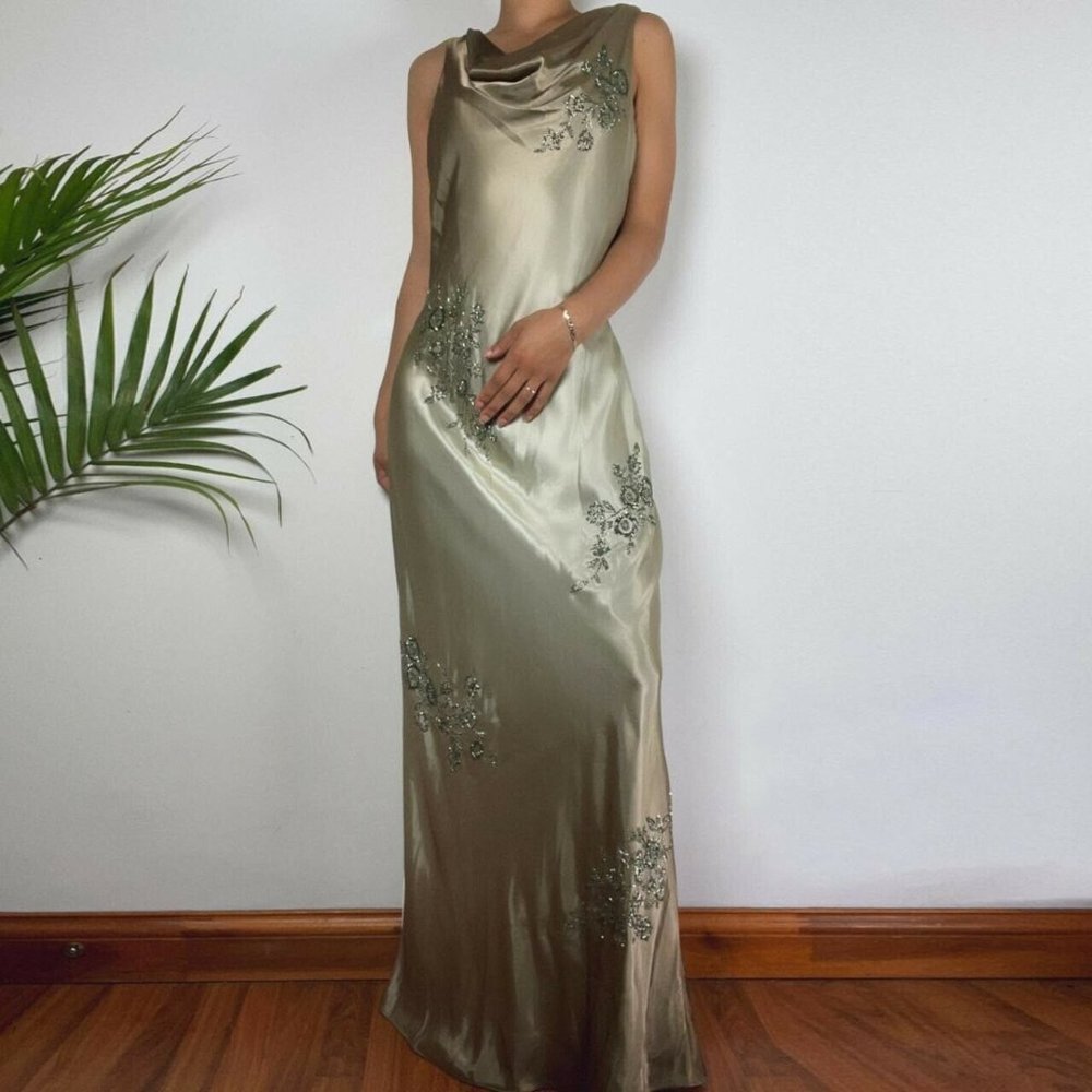 Vintage sage green gown with light beading detail, slip dress - Size 12